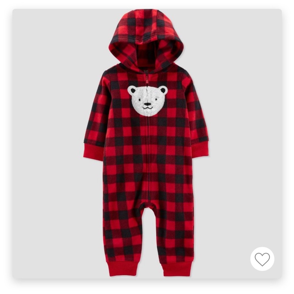 Carters buffalo check bear onesie zip up fleece 3 mo 0-3m